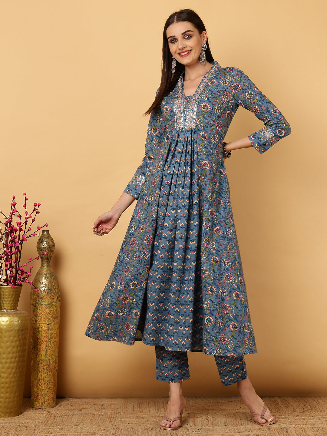 Cotton Calf Length Floral Flared 3/4 Sleeves V Kurta Bottom Dupatta Set