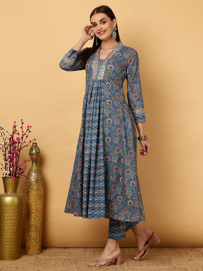 Cotton Calf Length Floral Flared 3/4 Sleeves V Kurta Bottom Dupatta Set