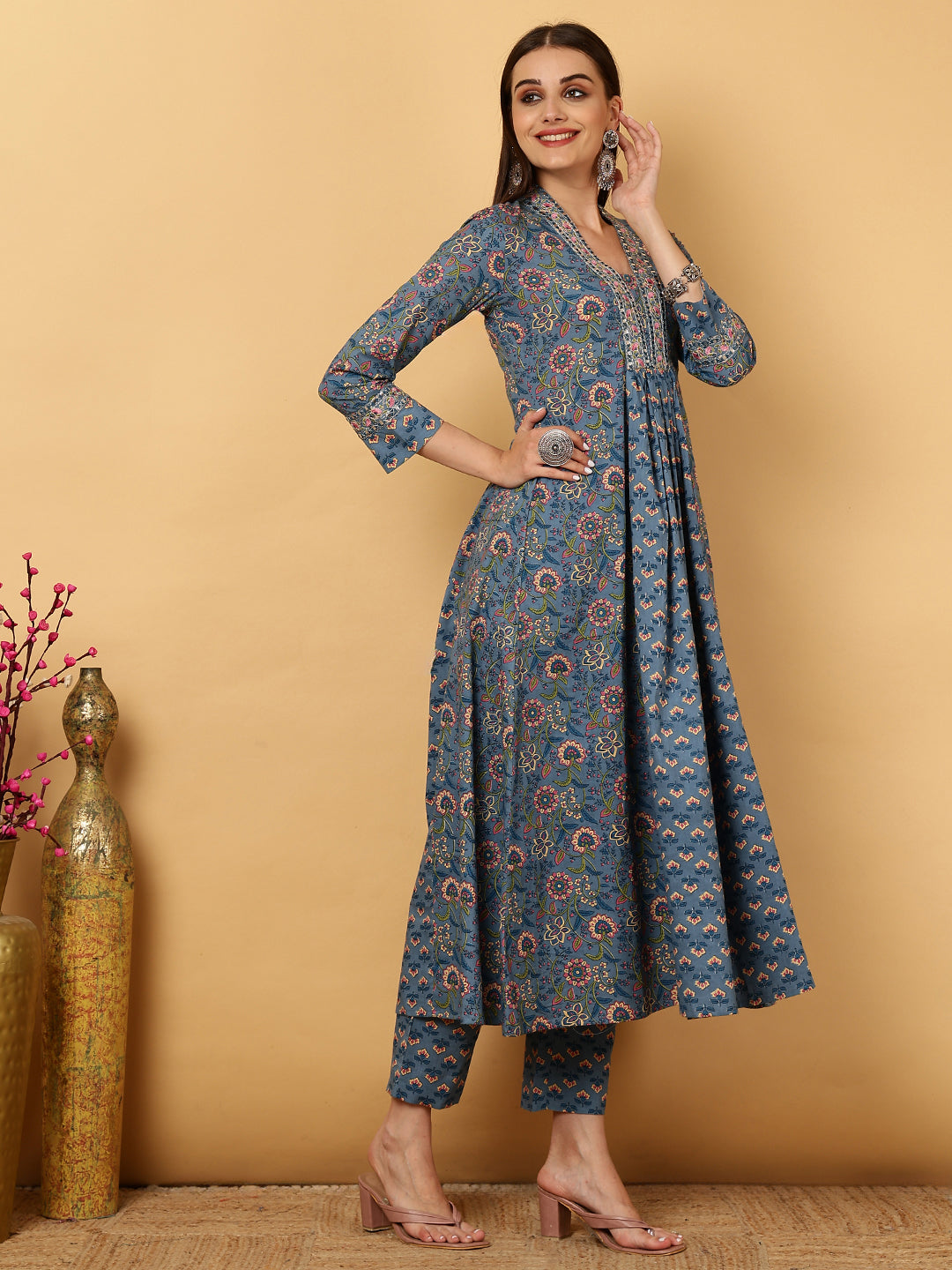 Cotton Calf Length Floral Flared 3/4 Sleeves V Kurta Bottom Dupatta Set