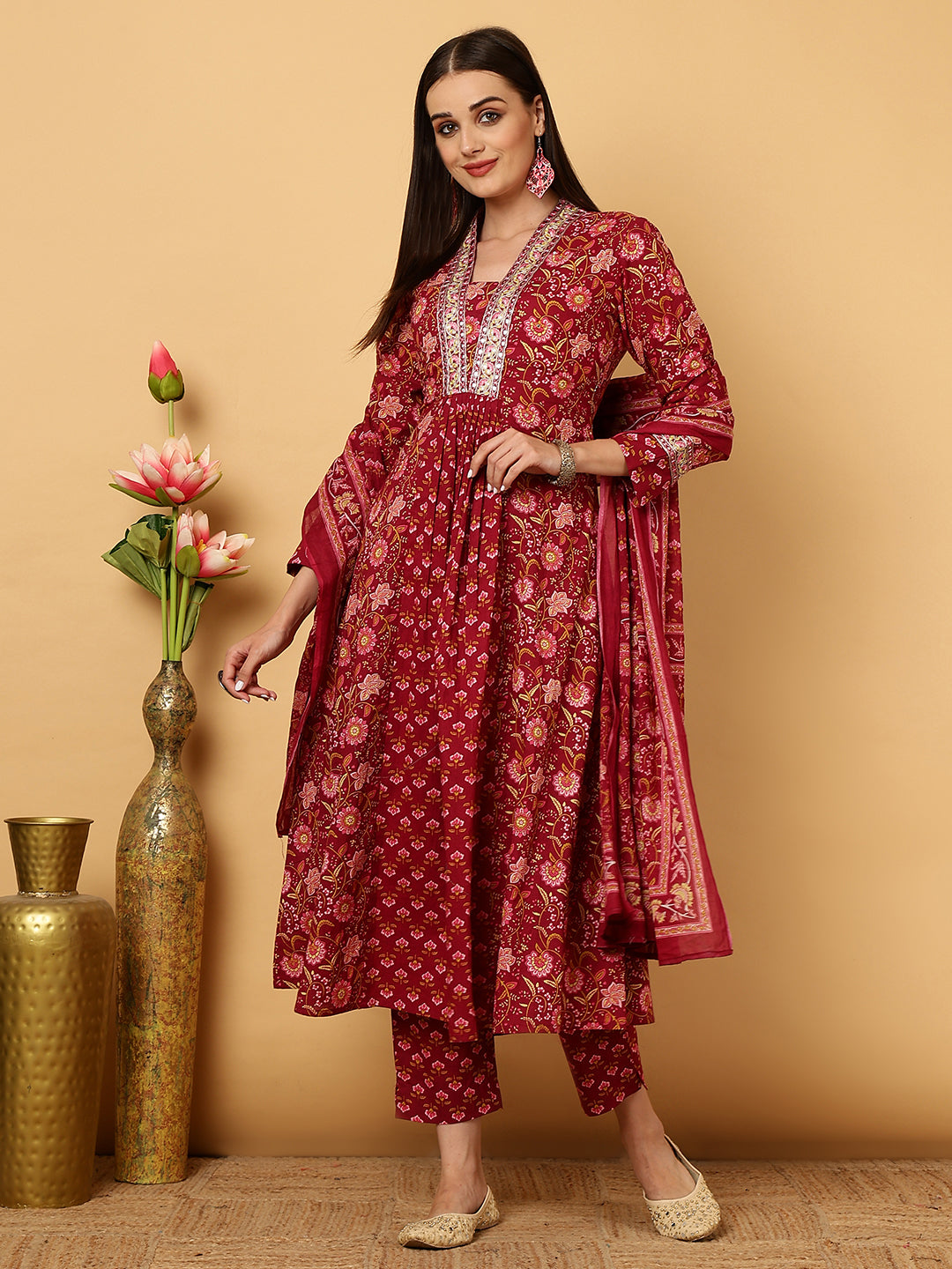 Cotton Calf Length Floral Flared 3/4 Sleeves V Kurta Bottom Dupatta Set