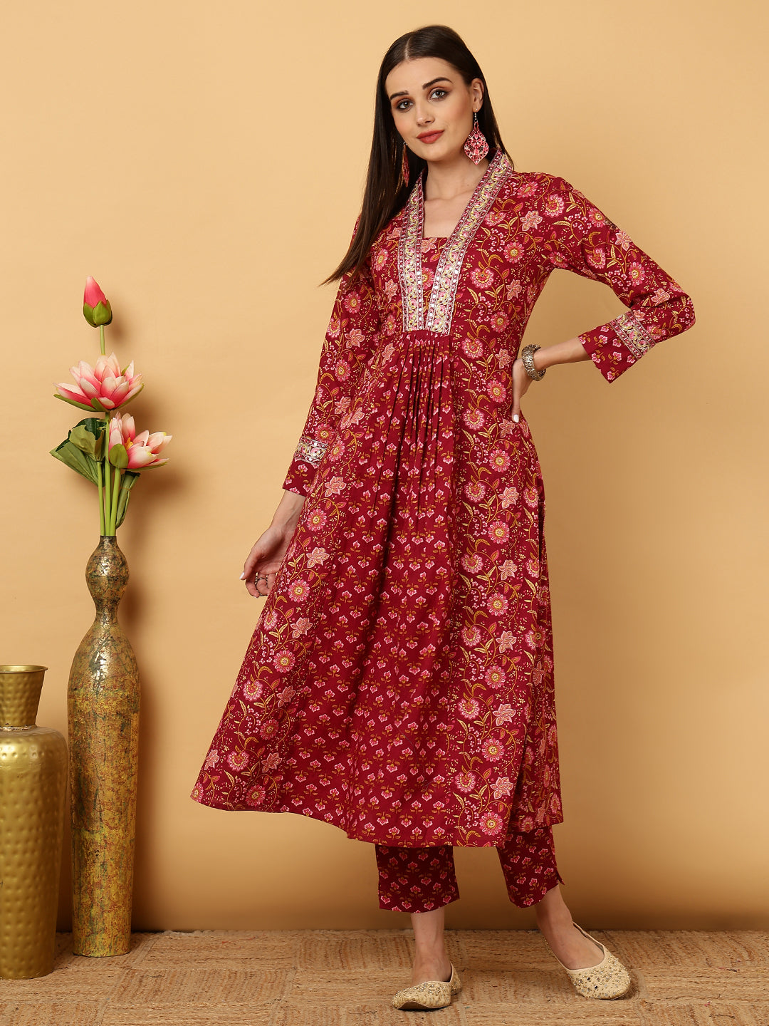 Cotton Calf Length Floral Flared 3/4 Sleeves V Kurta Bottom Dupatta Set