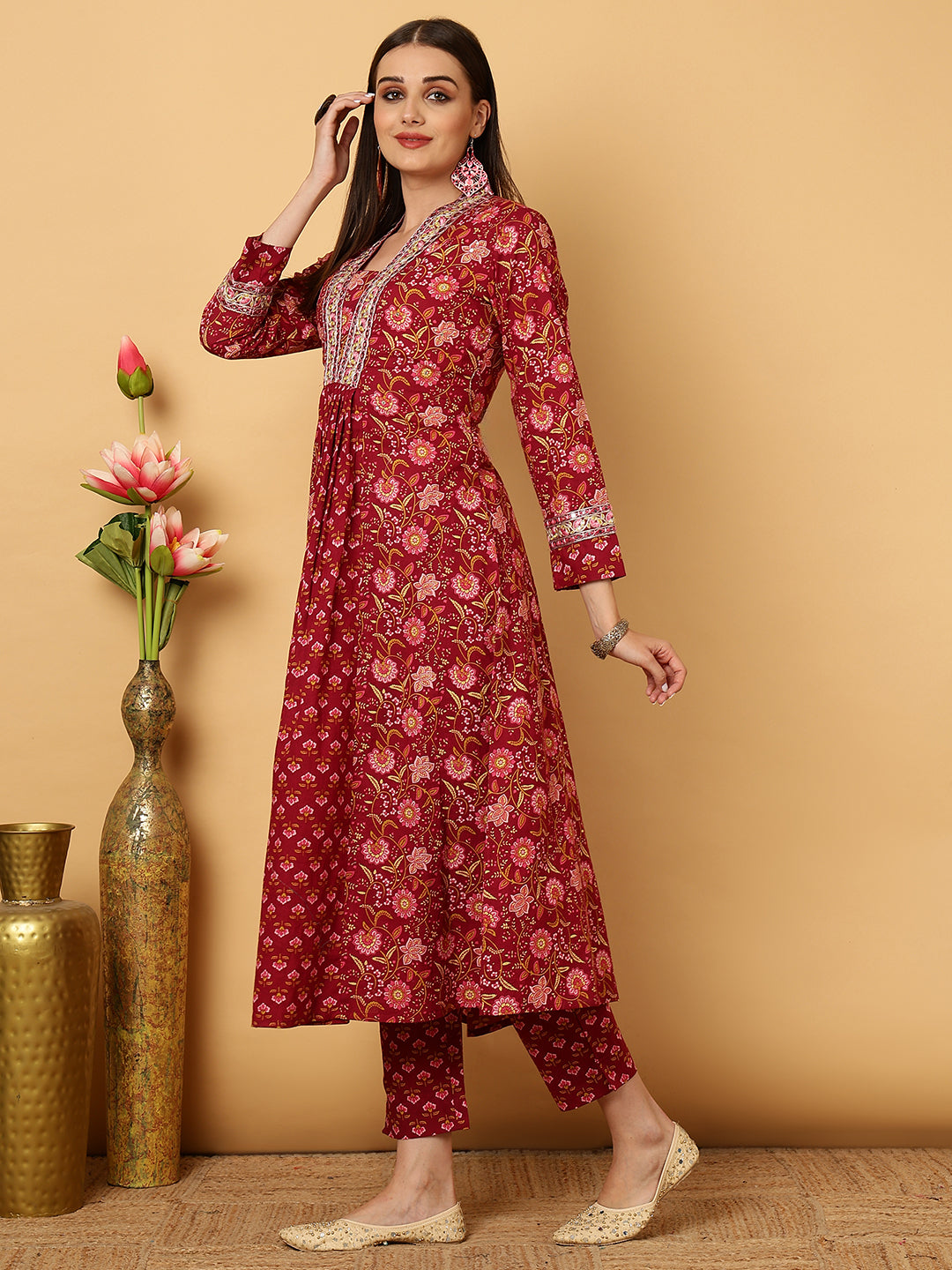 Cotton Calf Length Floral Flared 3/4 Sleeves V Kurta Bottom Dupatta Set