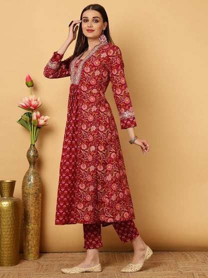 Cotton Calf Length Floral Flared 3/4 Sleeves V Kurta Bottom Dupatta Set