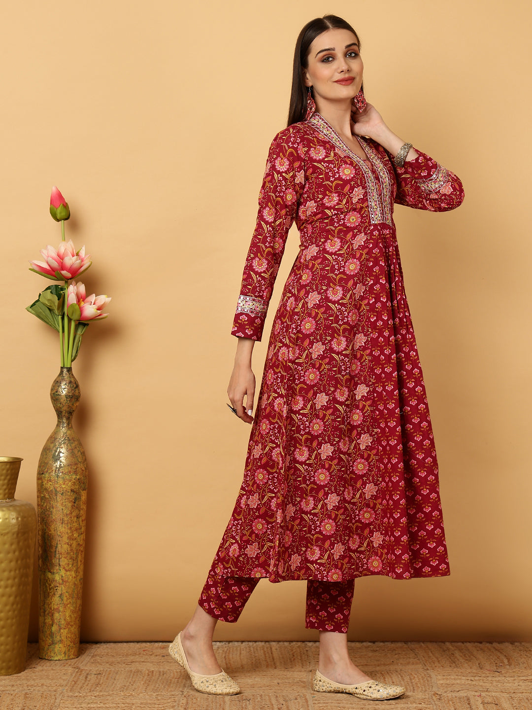 Cotton Calf Length Floral Flared 3/4 Sleeves V Kurta Bottom Dupatta Set