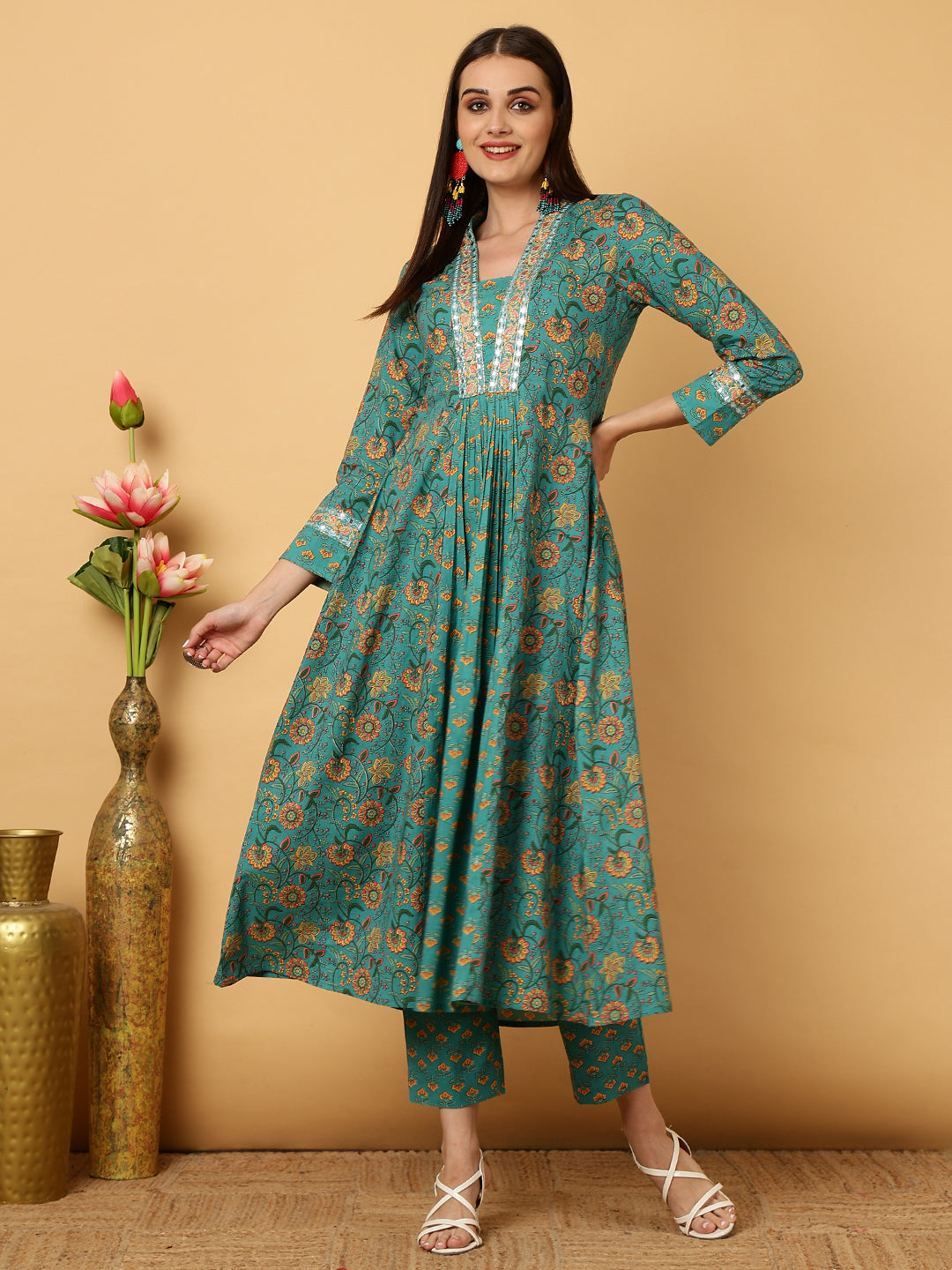 Cotton Calf Length Floral Flared 3/4 Sleeves V Kurta Bottom Dupatta Set