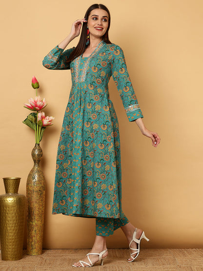 Cotton Calf Length Floral Flared 3/4 Sleeves V Kurta Bottom Dupatta Set