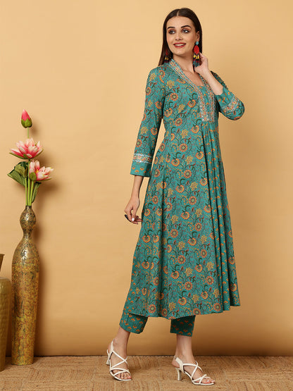 Cotton Calf Length Floral Flared 3/4 Sleeves V Kurta Bottom Dupatta Set