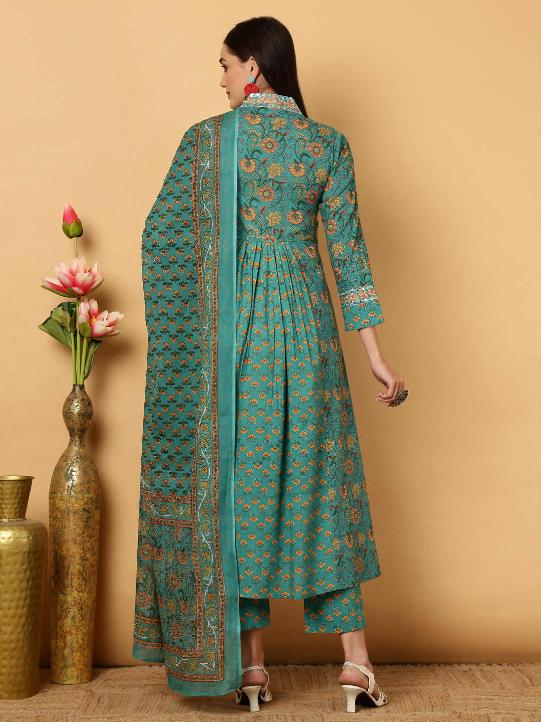 Cotton Calf Length Floral Flared 3/4 Sleeves V Kurta Bottom Dupatta Set