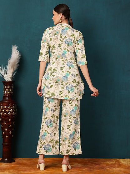 Cotton Flex Short Length Floral  Straight 3/4 Sleeves Mandarin Kurta Bottom Set