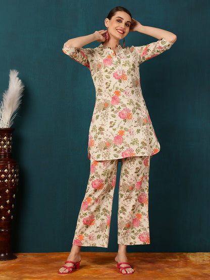 Cotton Flex Short Length Floral  Straight 3/4 Sleeves Mandarin Kurta Bottom Set