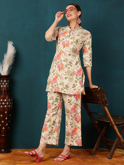 Cotton Flex Short Length Floral  Straight 3/4 Sleeves Mandarin Kurta Bottom Set