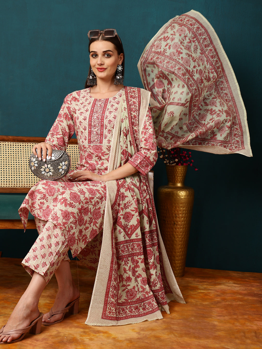 Rayon Calf Length Floral Straight 3/4 Sleeves Round Neck Kurta Bottom Dupatta Set