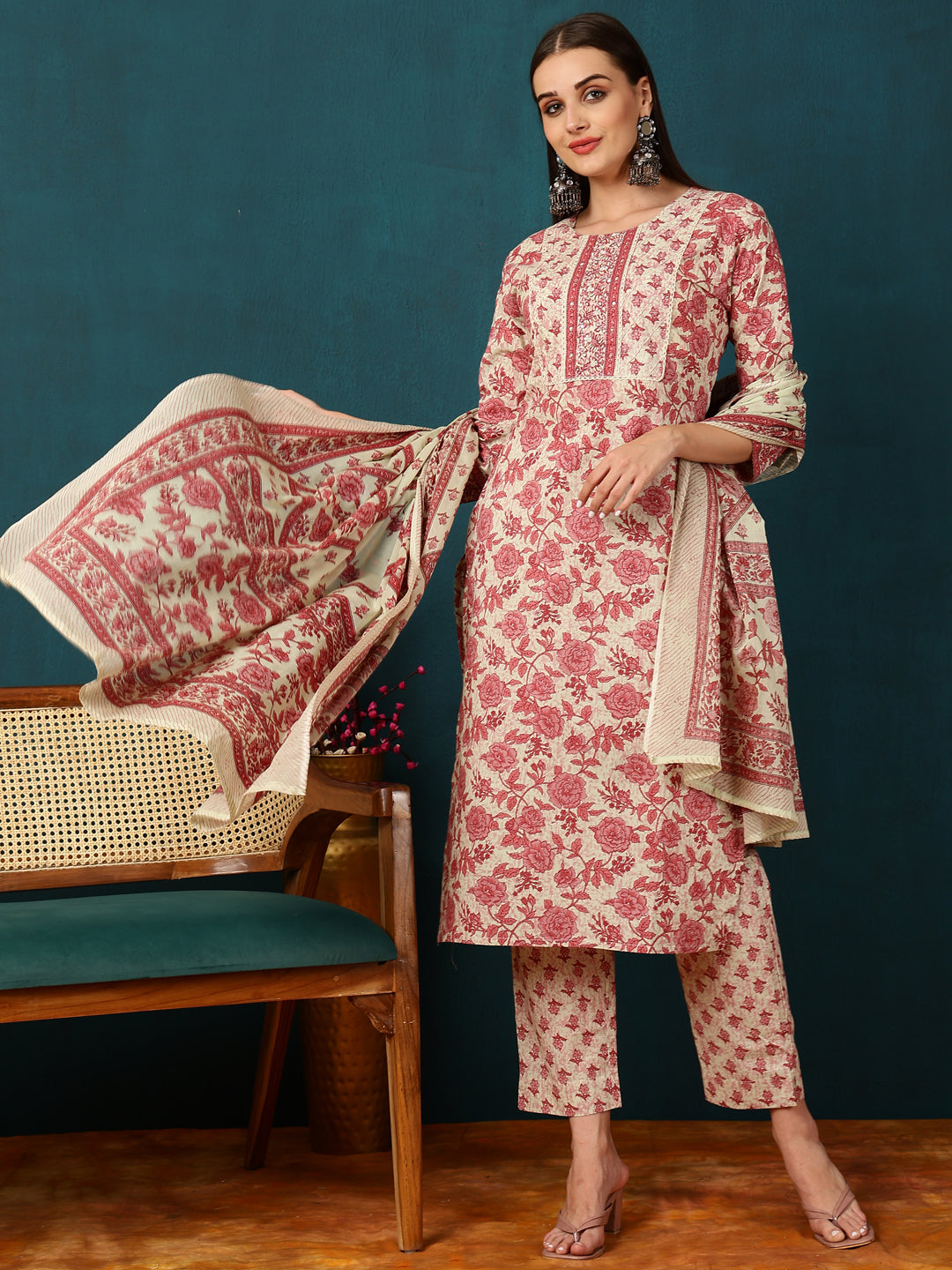 Rayon Calf Length Floral Straight 3/4 Sleeves Round Neck Kurta Bottom Dupatta Set