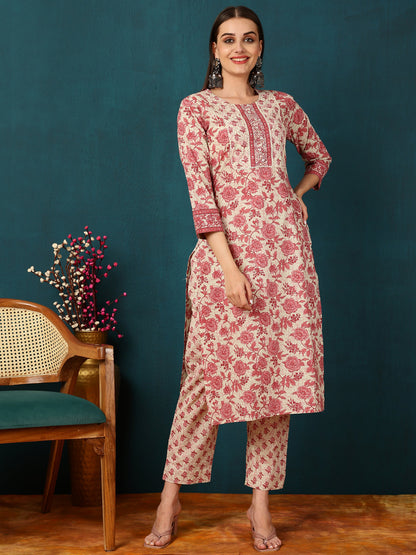 Rayon Calf Length Floral Straight 3/4 Sleeves Round Neck Kurta Bottom Dupatta Set