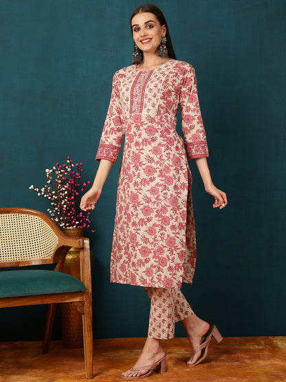 Rayon Calf Length Floral Straight 3/4 Sleeves Round Neck Kurta Bottom Dupatta Set