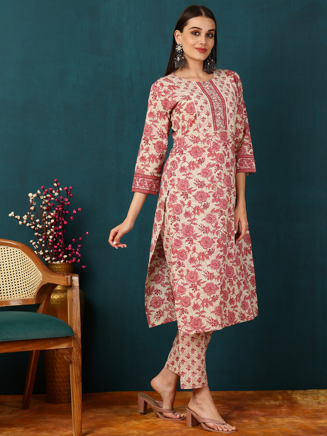 Rayon Calf Length Floral Straight 3/4 Sleeves Round Neck Kurta Bottom Dupatta Set