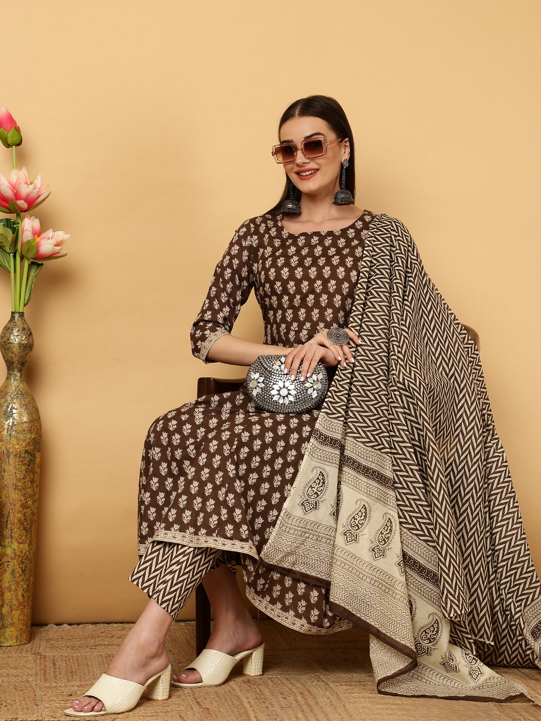 Cotton Calf  Length Motif Semi-Flared 3/4 Sleeves Round Neck Kurta Bottom Dupatta Set