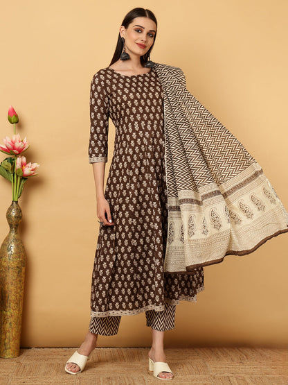 Cotton Calf  Length Motif Semi-Flared 3/4 Sleeves Round Neck Kurta Bottom Dupatta Set