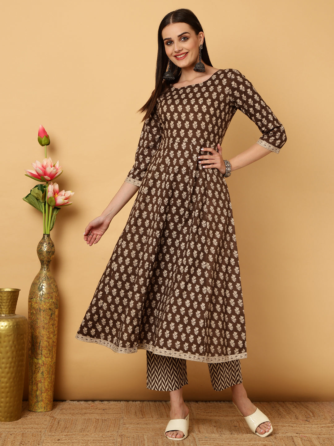 Cotton Calf  Length Motif Semi-Flared 3/4 Sleeves Round Neck Kurta Bottom Dupatta Set