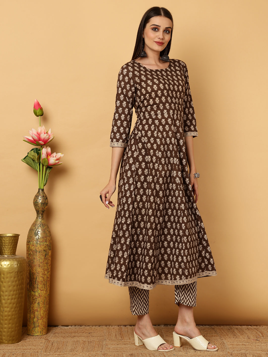 Cotton Calf  Length Motif Semi-Flared 3/4 Sleeves Round Neck Kurta Bottom Dupatta Set