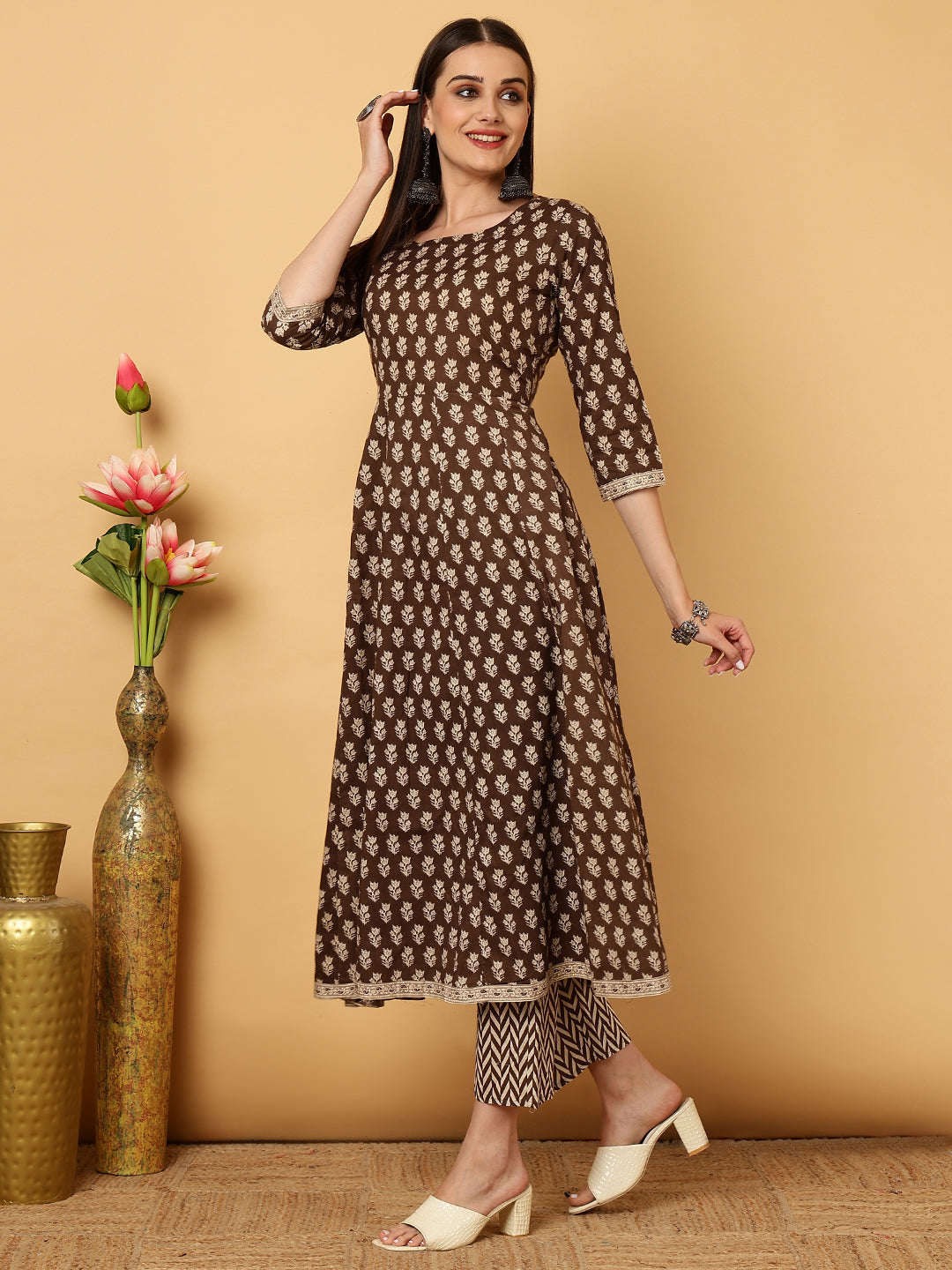 Cotton Calf  Length Motif Semi-Flared 3/4 Sleeves Round Neck Kurta Bottom Dupatta Set