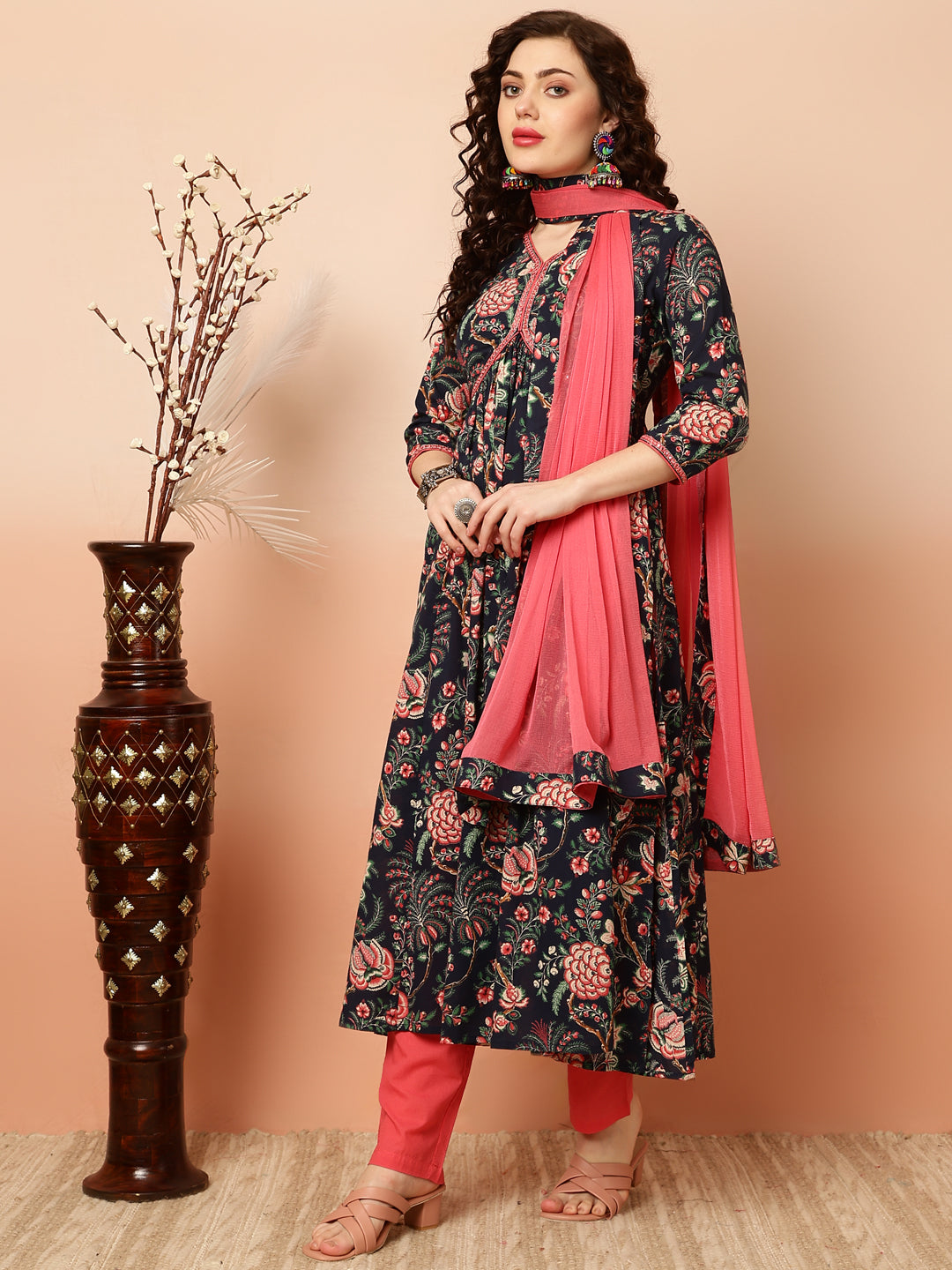 Cotton Calf Length Semi-Flared 3/4 Sleeves V Kurta Bottom Dupatta Set