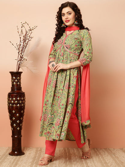 Cotton Calf Length Semi-Flared 3/4 Sleeves V Kurta Bottom Dupatta Set