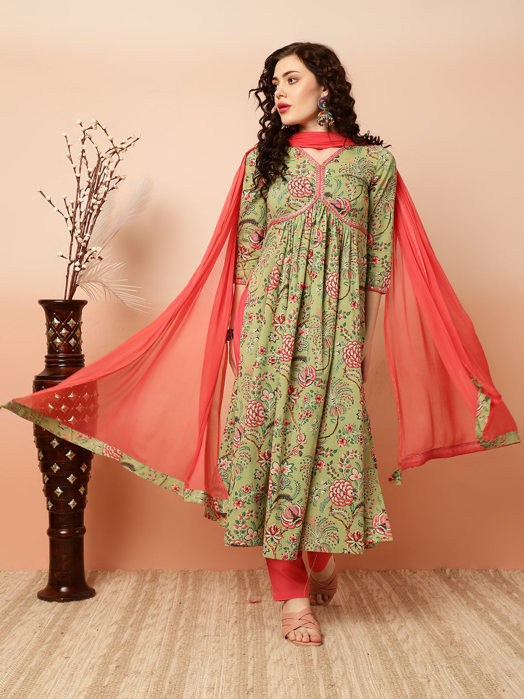 Cotton Calf Length Semi-Flared 3/4 Sleeves V Kurta Bottom Dupatta Set