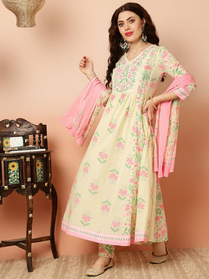 Cotton Calf Length Flared 3/4 Sleeves V Kurta Bottom Dupatta Set