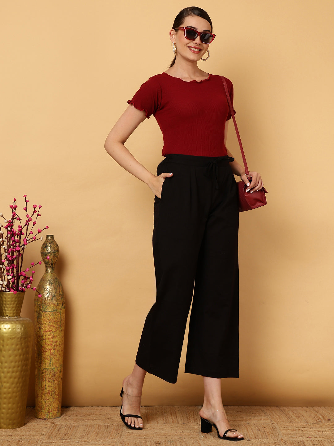 Cotton Flex Ankle Length Solid Regular Palazzos