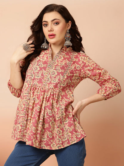 Cotton Short Length Semi-Flared 3/4 Sleeves Coller Top