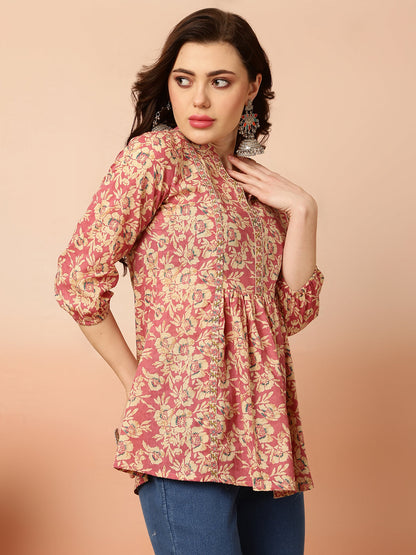 Cotton Short Length Semi-Flared 3/4 Sleeves Coller Top