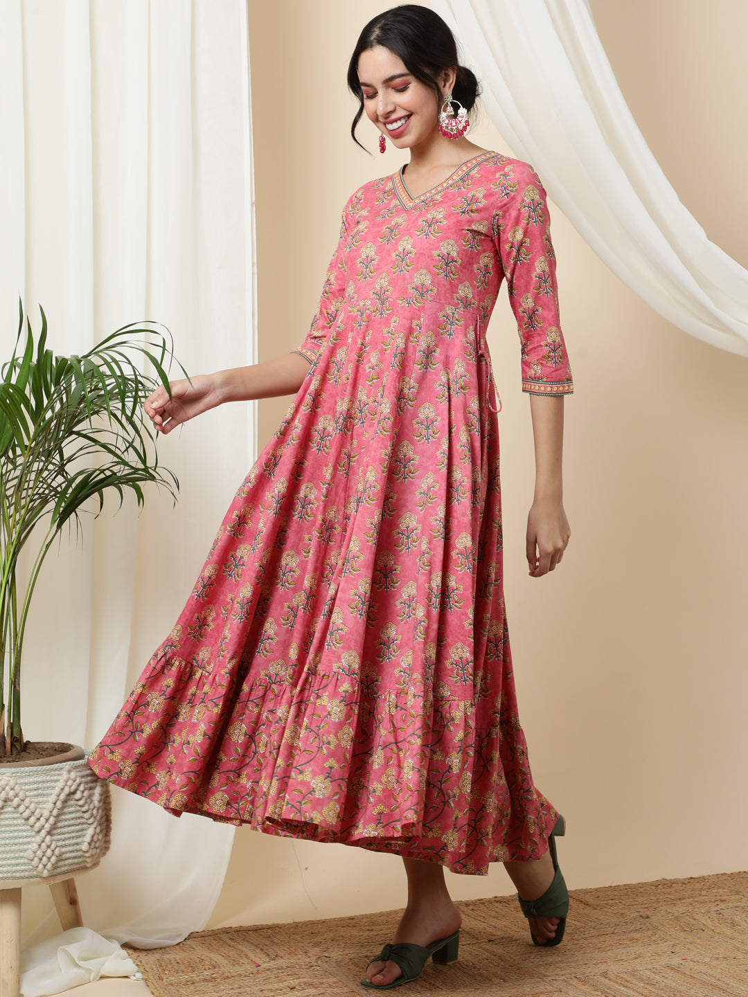 Cotton  Calf Length Printed Flared 3/4 Sleeves V-Neck Kurta