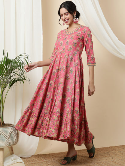 Cotton  Calf Length Printed Flared 3/4 Sleeves V-Neck Kurta