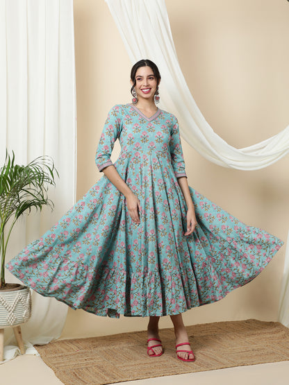 Cotton  Calf Length Printed Flared 3/4 Sleeves V-Neck Kurta