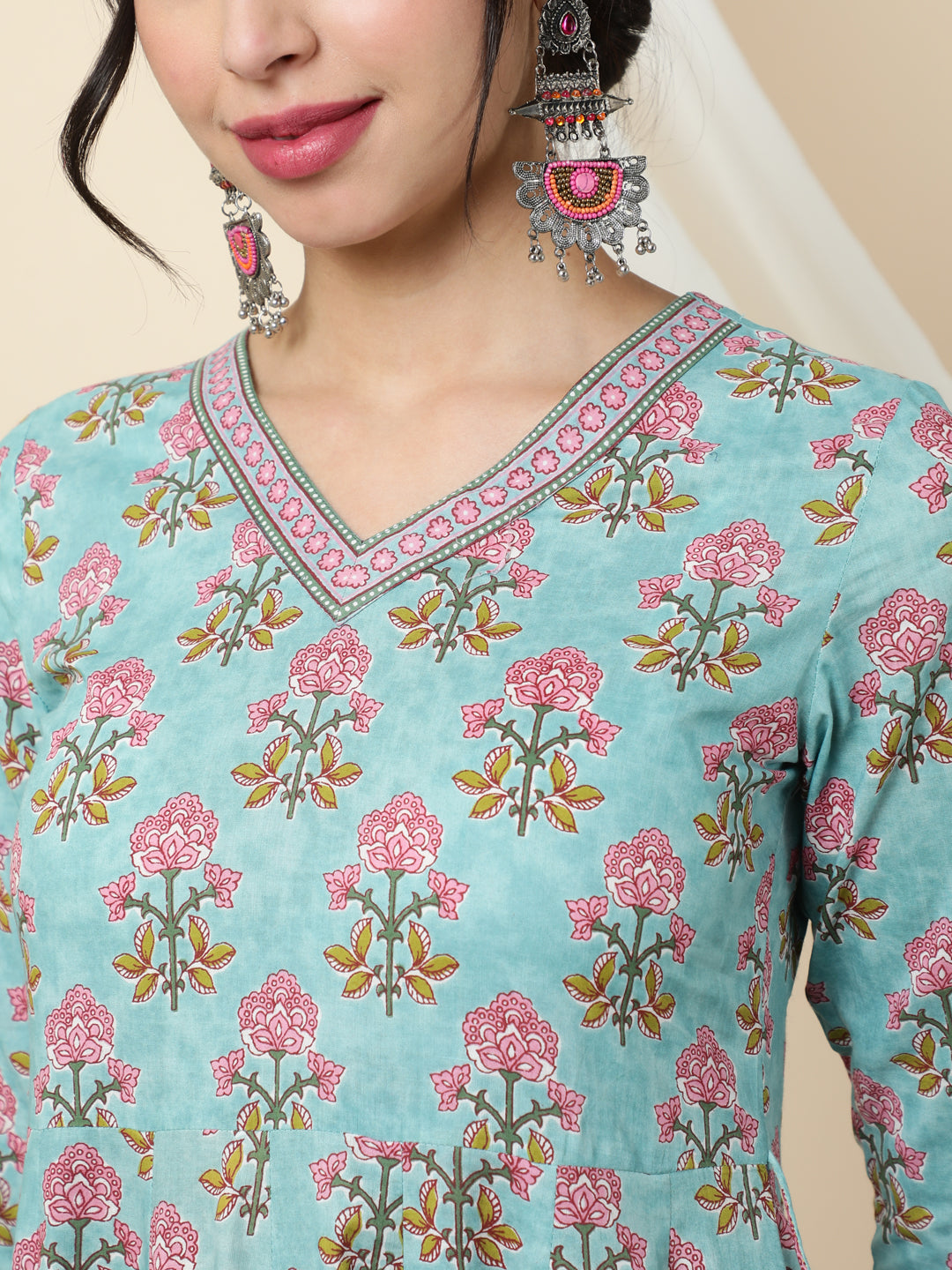 Cotton  Calf Length Printed Flared 3/4 Sleeves V-Neck Kurta