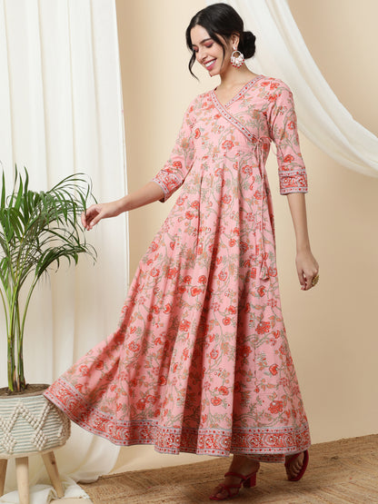 Cotton  Ankle Length Printed Flared 3/4 Sleeves V-Neck Kurta