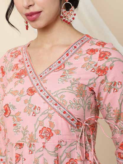 Cotton  Ankle Length Printed Flared 3/4 Sleeves V-Neck Kurta