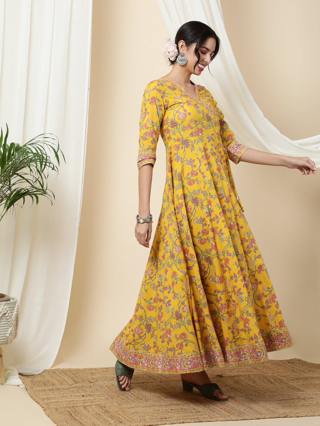 Cotton  Ankle Length Printed Flared 3/4 Sleeves V-Neck Kurta