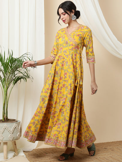 Cotton  Ankle Length Printed Flared 3/4 Sleeves V-Neck Kurta