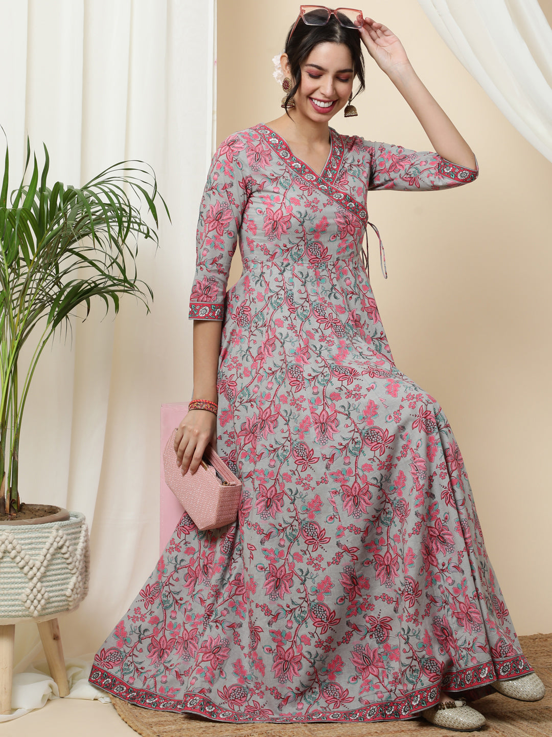 Cotton  Ankle Length Printed Flared 3/4 Sleeves V-Neck Kurta