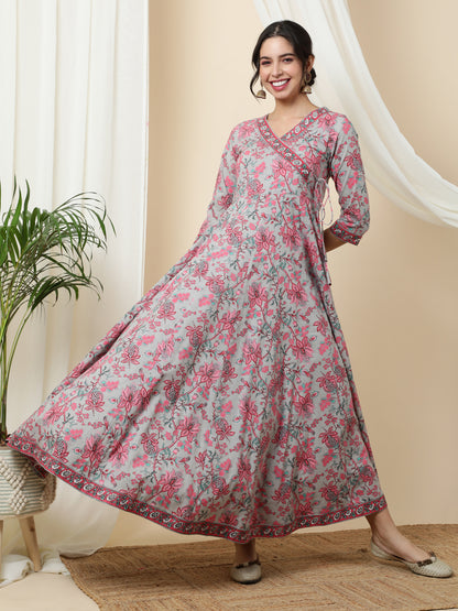 Cotton  Ankle Length Printed Flared 3/4 Sleeves V-Neck Kurta