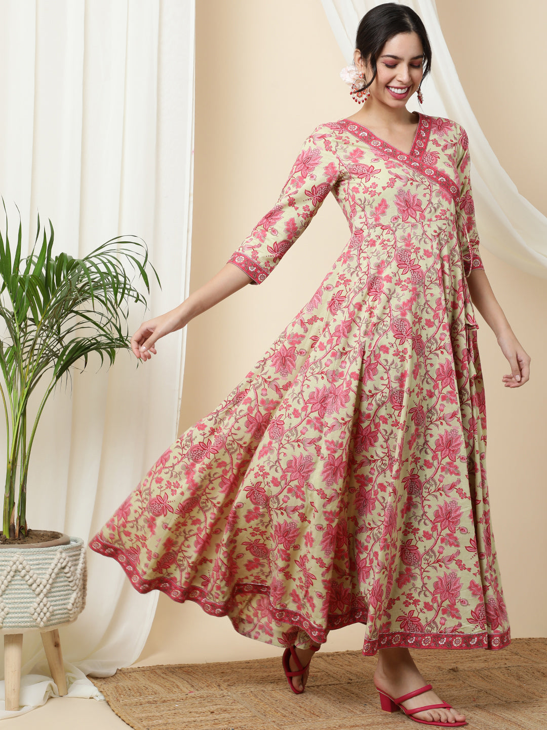 Cotton  Ankle Length Printed Flared 3/4 Sleeves V-Neck Kurta