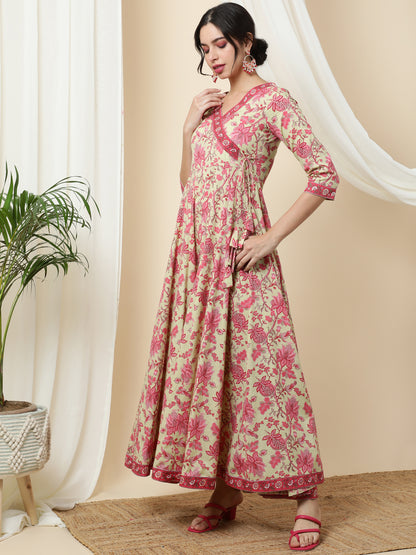 Cotton  Ankle Length Printed Flared 3/4 Sleeves V-Neck Kurta