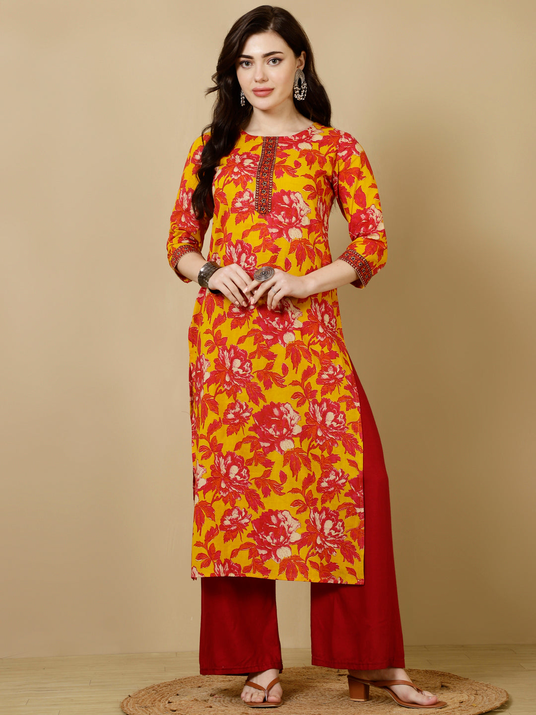 Cotton Calf Length Straight 3/4 Sleeves Round Kurta