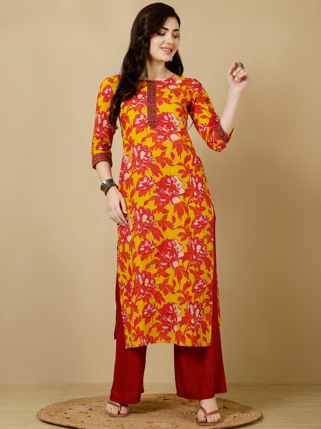 Cotton Calf Length Straight 3/4 Sleeves Round Kurta