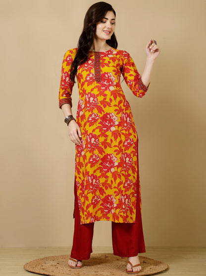 Cotton Calf Length Straight 3/4 Sleeves Round Kurta