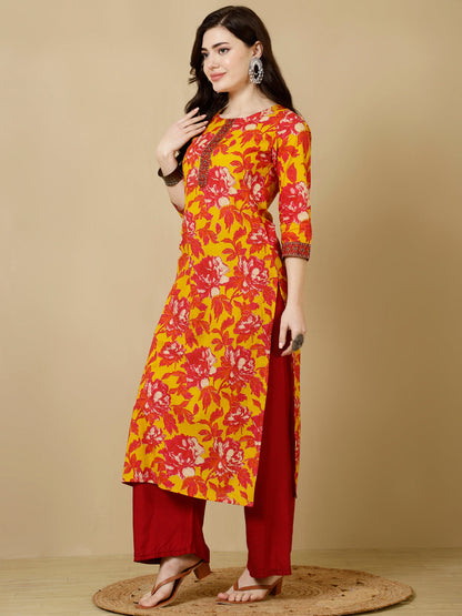 Cotton Calf Length Straight 3/4 Sleeves Round Kurta