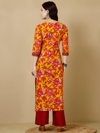 Cotton Calf Length Straight 3/4 Sleeves Round Kurta