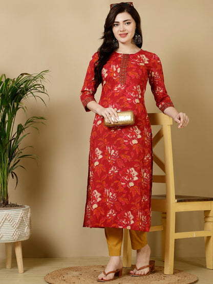 Cotton Calf Length Straight 3/4 Sleeves Round Kurta